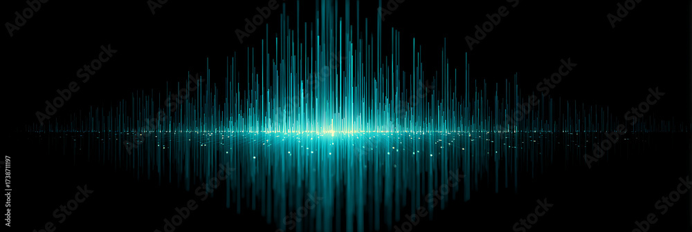 Obraz premium Abstract black background featuring an intense teal blue vertical sound wave or equalizer graph pattern radiating from a bright central point.