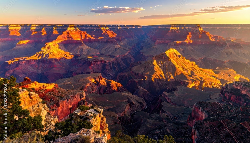 Obraz premium Grand Canyon Vista at Sunrise Majestic Arizona Landscape Golden Hour Light Deep Red Canyon Walls Dramatic Sky Nature Scenery Panoramic View USA Landmark