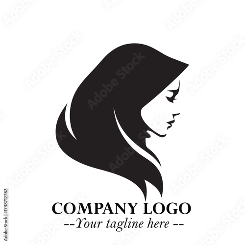 Black and White Woman Hijab Silhouette Close Up Logo in Minimalist Elegant Modern Vector Design