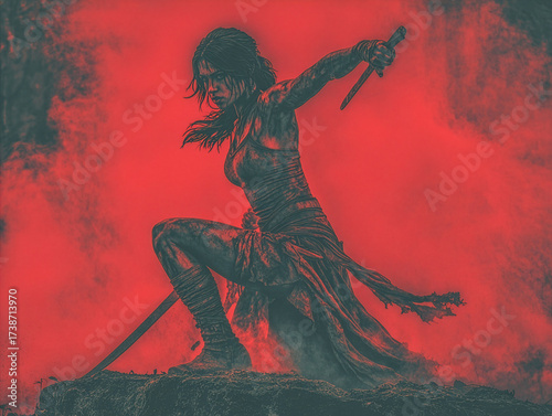 Warrior Woman Crouching Ready Stance Red Dramatic Lighting Katana Sword Monochrome