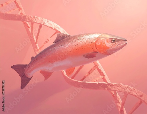 Salmon and DNA helix on a soft pink background