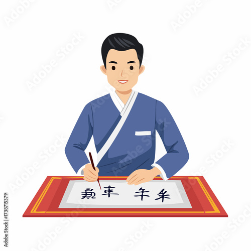 Illustration of a young Asian man in traditional clothing practicing the ancient art of calligraphy, showing dedication to cultural heritage and learning