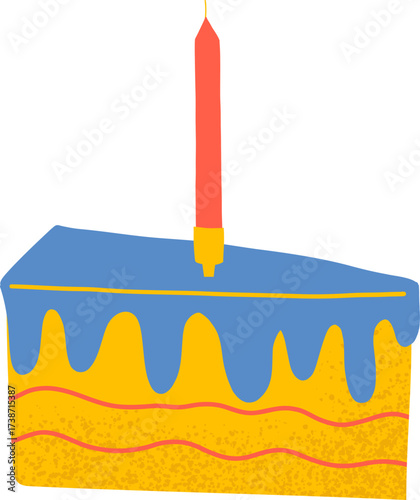 A slice of cake with a red candle on top