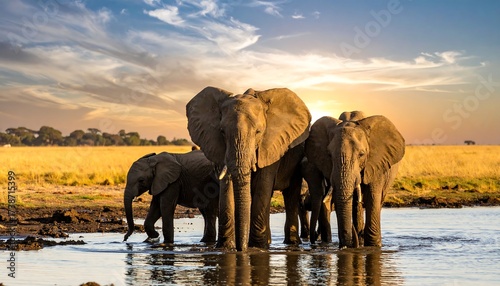 Elephants at sunset by a watering hole