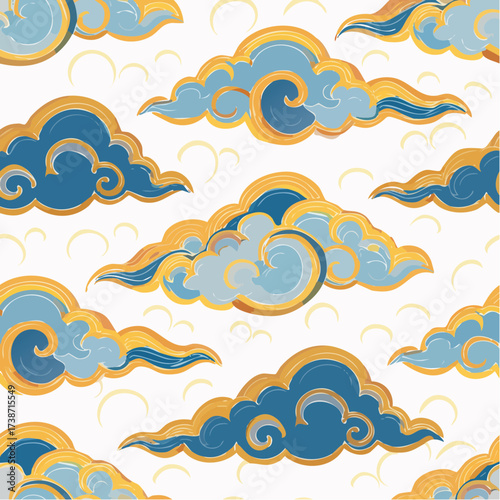 Seamless pattern of traditional East Asian clouds in blue and gold, evoking a sense of calm and mysticism