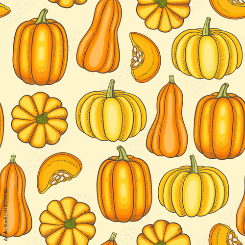 A seamless pattern of various cartoon pumpkins in orange and yellow hues