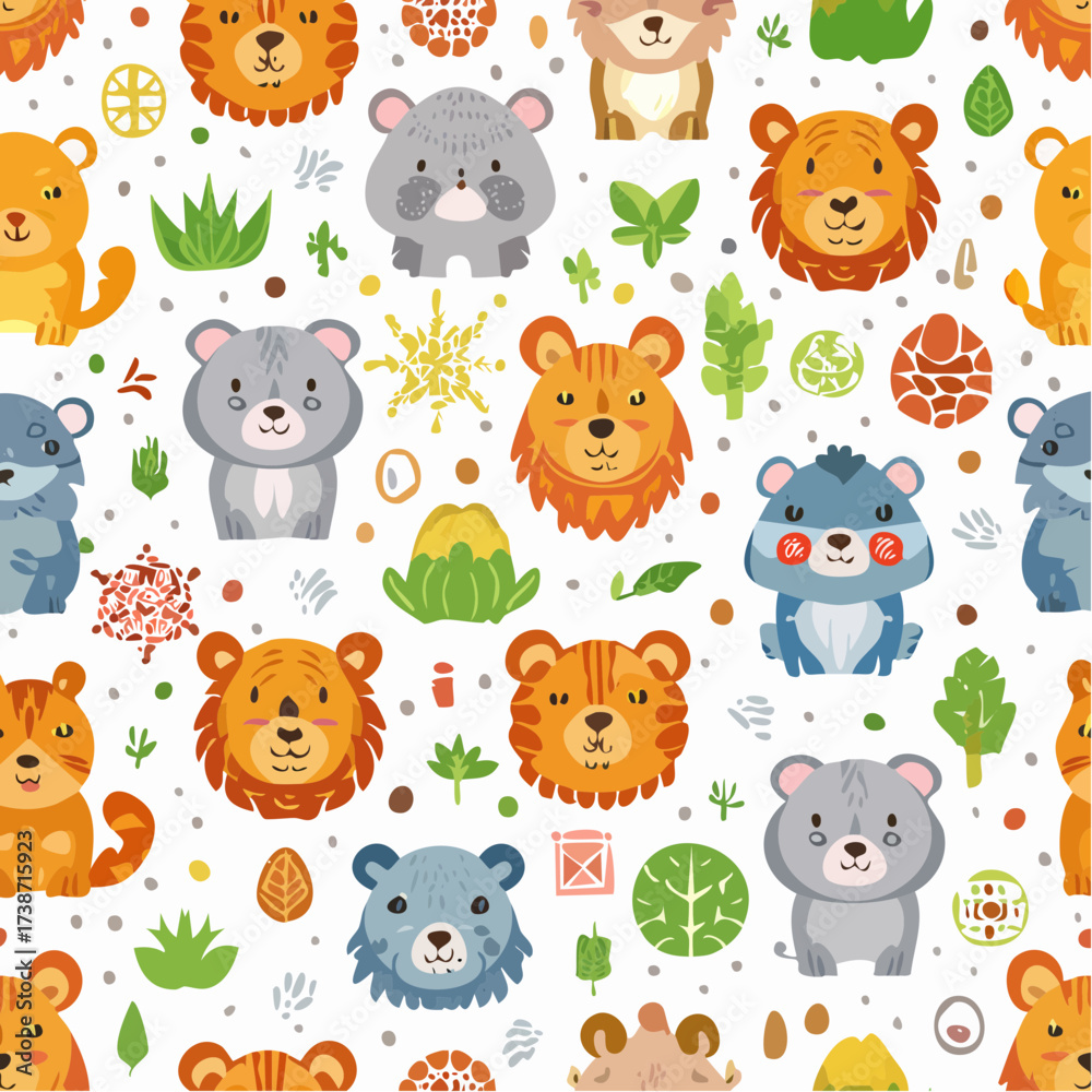 Fototapeta premium Cute Cartoon Animals Seamless Pattern with Friendly Faces and Natural Elements, Perfect for Kids' Designs and Decor