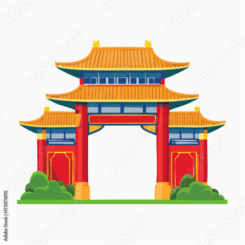 Vibrant illustration of a traditional Chinese archway, featuring ornate red pillars, blue accents, and a classic golden tiled roof, symbolizing cultural heritage and an inviting entrance