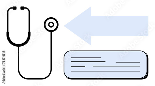 Stethoscope beside an arrow pointing at a data document representing healthcare communication. Ideal for telemedicine, medical consultation, health informatics, data exchange, diagnosis, patient
