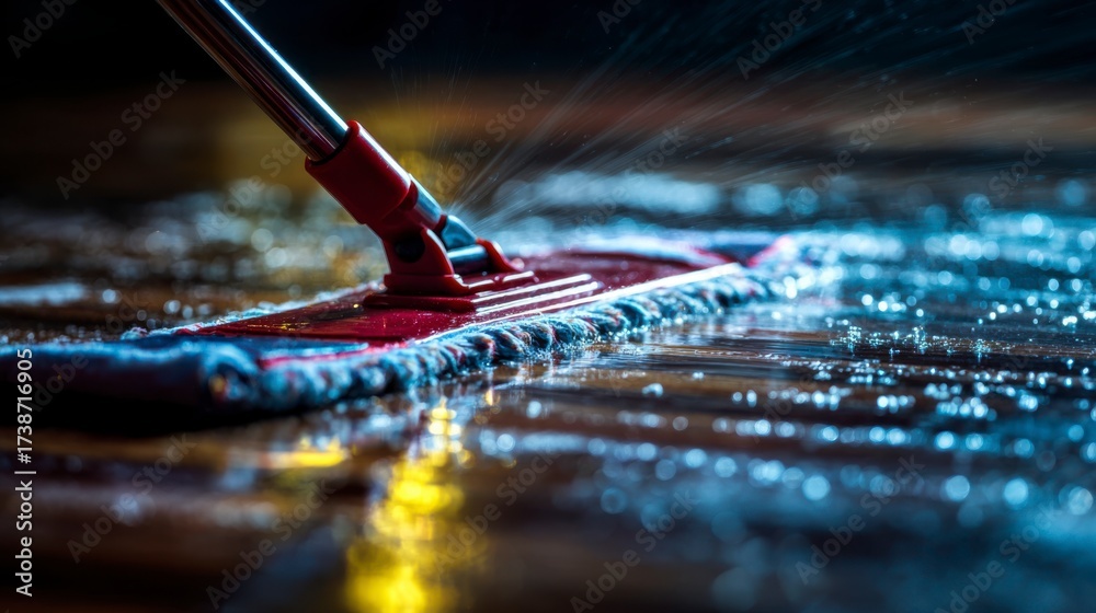 Fototapeta premium A Close-Up View of a Cleaning Mop in Action, Dispensing Cleaning Solution on a Wet Surface with Reflections and Detailed Textures