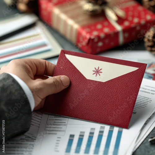 Business card slipped into festive envelope amid holiday preparations and documents