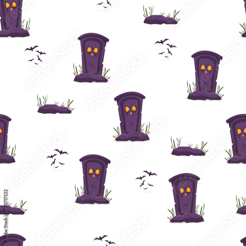 Seamless pattern with tombstones, bats and grass, perfect for Halloween design, fabric, wrapping paper and festive decoration