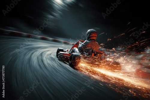 Kart racing at full throttle through a sharp curve with sparks flying and intense focus