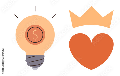 Lightbulb with dollar sign symbolizing creative ideas and innovation, paired with a crowned heart signifying passion, leadership, and achievement. Ideal for entrepreneurship, leadership, business