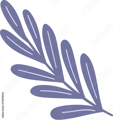 A stylized illustration of a purple plant branch with six ovate leaves