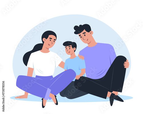 A stylized illustration of a family of three sitting on the ground