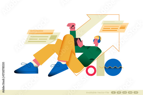 A stylized person reclines holding a tablet and wearing headphones