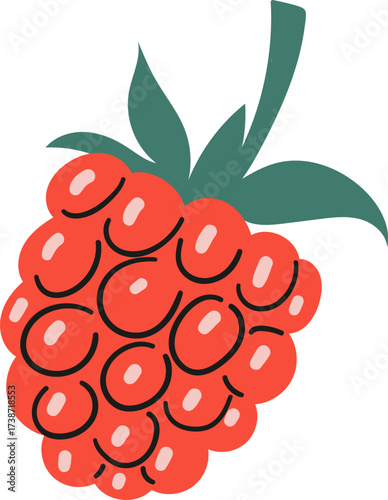 A stylized raspberry with green leaves