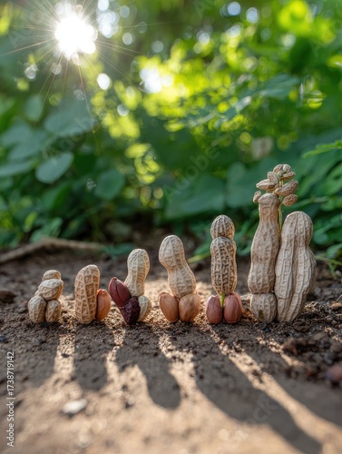 Sunlight illuminates a progression of peanut pods arranged on soil with green foliage