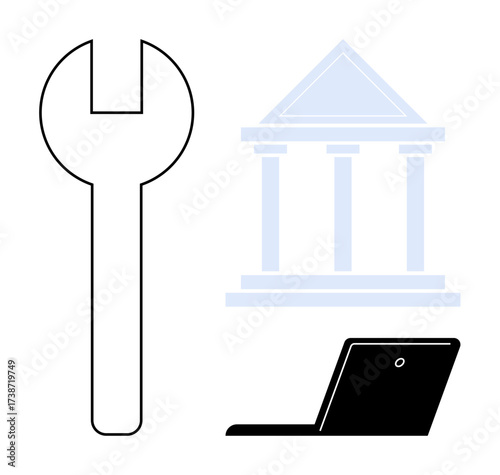 Wrench, government building outline, and laptop emphasize public services, system tools, and digital administration. Ideal for governance, maintenance, digital infrastructure, services repair IT