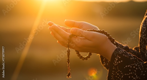 Person holding prayer beads in cupped hands bathed in golden sunlight during a serene outdoor moment