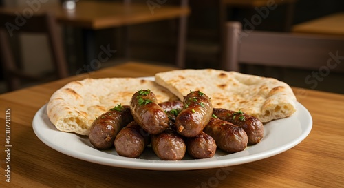 A plate of cevapi sausages with flatbread and parsley garnish on a wooden table in a restaurant