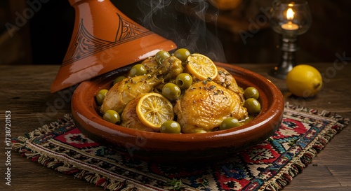Steaming chicken tagine with lemon slices and olives in a traditional ceramic pot on a patterned cloth