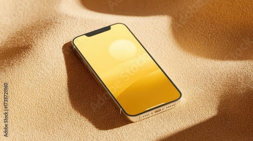 Bright yellow phone mockup resting on soft, warm sand for a modern, warm aesthetic