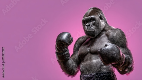 Powerful gorilla shows its strength in custom boxing gear against a soft violet backdrop