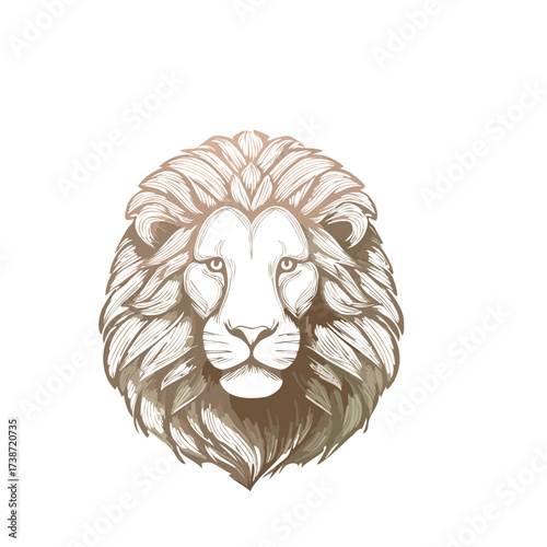 Lion head portrait, mane detail, tan sketch-like illustration