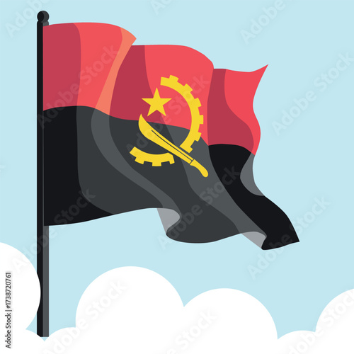 Angola Flag Waving in the Sky with Bright Clouds