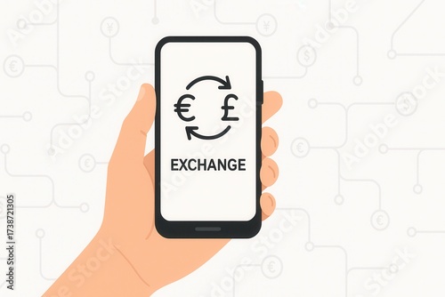 Mobile currency exchange concept with euro and pound symbols on smartphone screen hand holding device digital finance technology illustration minimalist design light color scheme