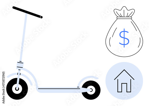 Electric scooter alongside money bag and house icon symbolizing cost-effective, sustainable commuting. Ideal for economy, sustainability, transportation, eco-living, affordability, urban lifestyle