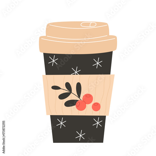 A togo coffee cup with a tan lid and sleeve decorated with cranberries and snowflakes