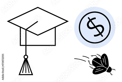 Graduation cap beside dollar sign suggesting education costs fly implies lack of funds. Ideal for education finance, debt management, budget planning, student loans, cost analysis, financial