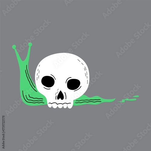 A stylized skull on a green slug with antennae on a grey background