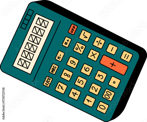 A teal calculator with a cream display and orange buttons tilted
