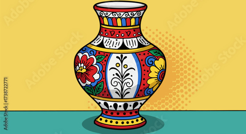 Ornate vase with floral designs and vibrant colors displayed on a tabletop art