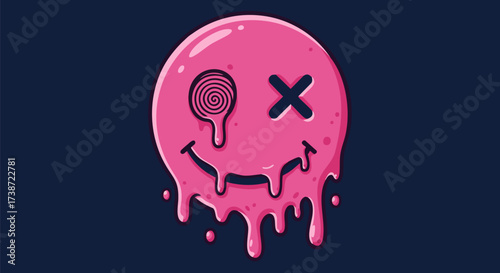 Melting pink smiley face with hypnotic eye and cross eye on a dark background