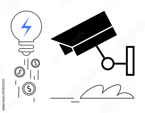 Security camera and light bulb emitting coins highlighting surveillance, energy savings, financial growth, cost optimization, and innovation. Ideal for safety, fintech, smart solutions, energy