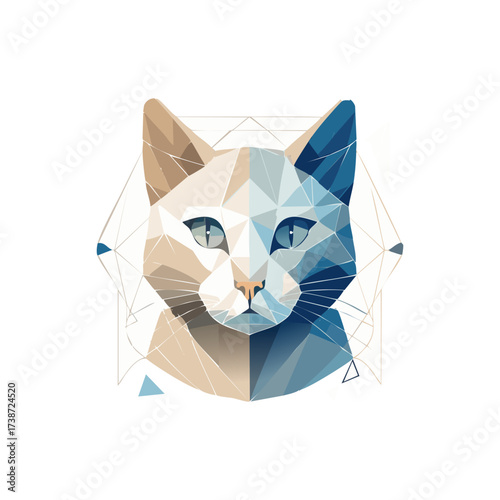 Abstract polygonal cat portrait, tan and blue hues