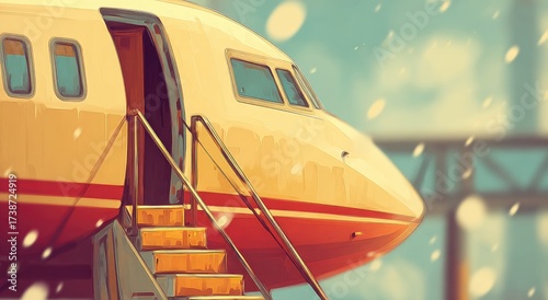 A plane's nose and open door with stairs, in a snow shower, warm sunlight and a blurred background