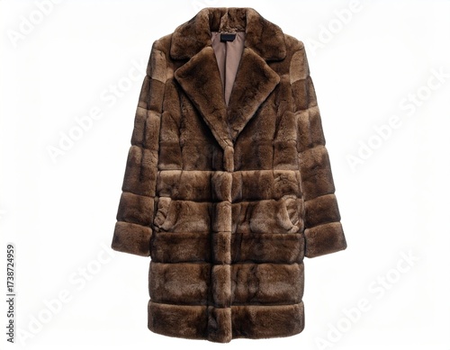 Fur coat brown, knee-length, with pockets, laid flat