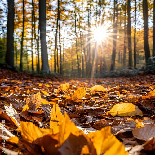 Wallpaper Mural Golden leaves carpet autumn forest floor with bright sunlight, woodland scene Torontodigital.ca