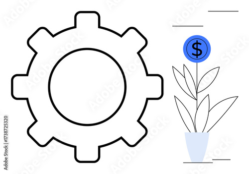 Gear and plant with dollar sign symbolizing growth, productivity, and finance. Ideal for business, investment, innovation, strategy, economics startup success. A simple flat metaphor