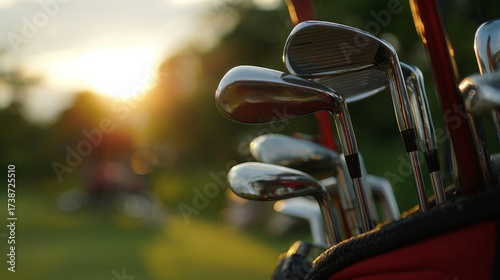 Golf clubs resting in a bag with a soft focus background of a bright morning on the golf course. The composition emphasizes relaxation, readiness, and sporting lifestyle.
