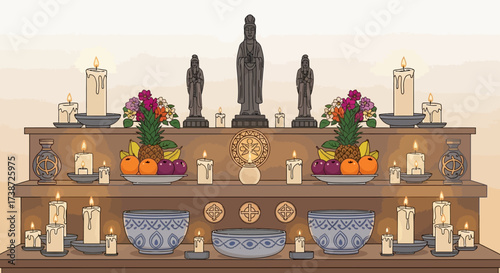 Traditional Buddhist Altar with Statues, Fruit Offerings, and Illuminated Candles