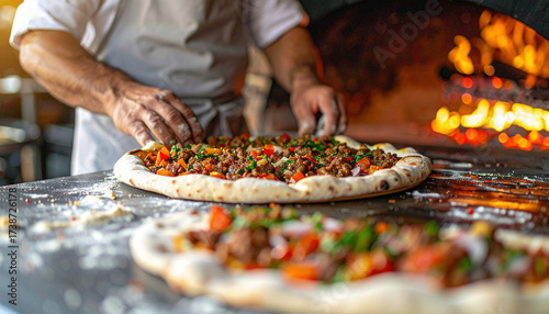 Chef preparing traditional Turkish lahmacun with minced meat, vegetables, and herbs before baking in a wood-fired oven.