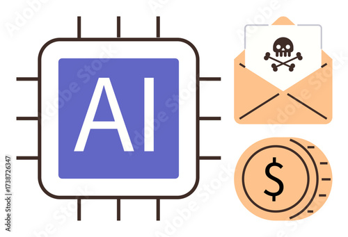 AI chip with circuits, malware-infected email, and dollar coin. Ideal for technology, cybersecurity, AI ethics, finance, digital risks, fraud prevention simple flat metaphor