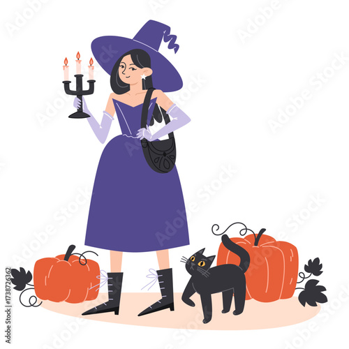 A witch with a hat dress gloves and bag holds a candelabra with a cat and pumpkins